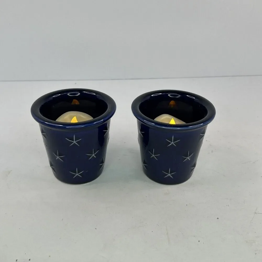 Longaberger Pottery Proudly American Star Votive Set Lot of 2 Cobalt Blue Stars